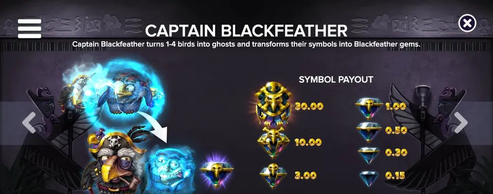 Οθόνη κανόνων του Pirots 5 για τον Captain Blackfeather